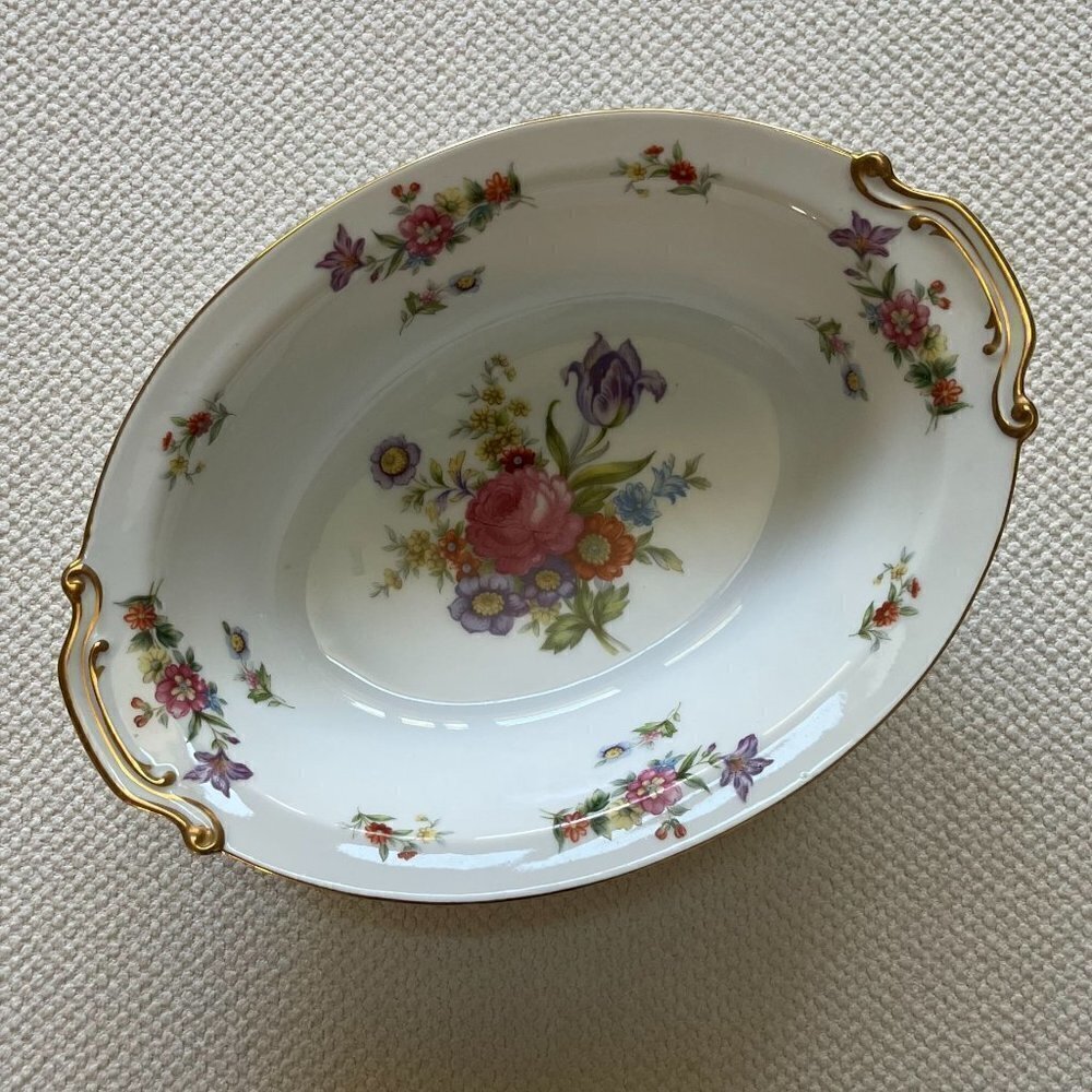 Aladdin Fine China Dresdenia Floral Vegetable Bowl with Gold Trim 11"H x 8"W